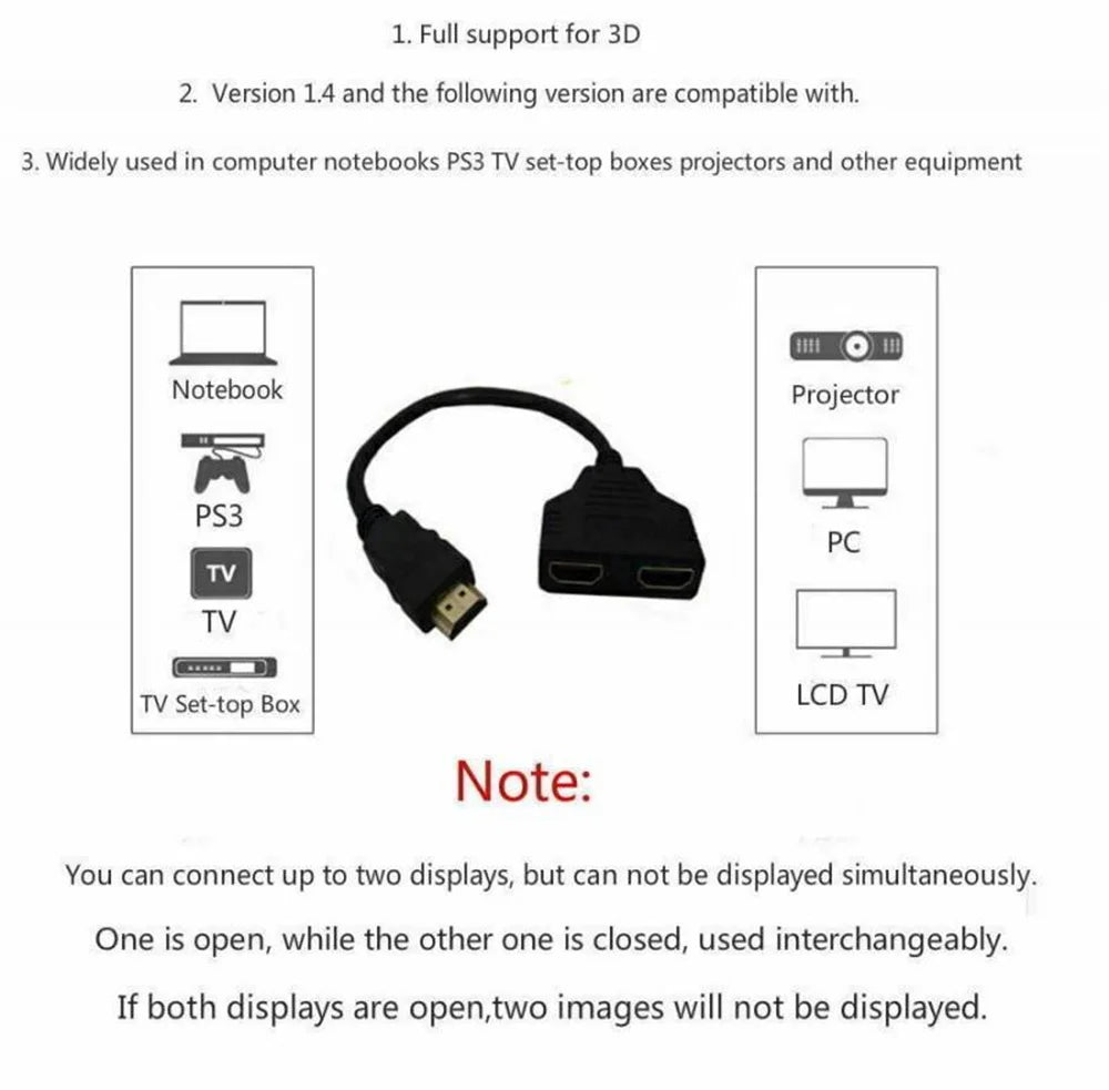 HD 1080P HDMI Splitter 1-in-2 Out Adapter for TV & PC