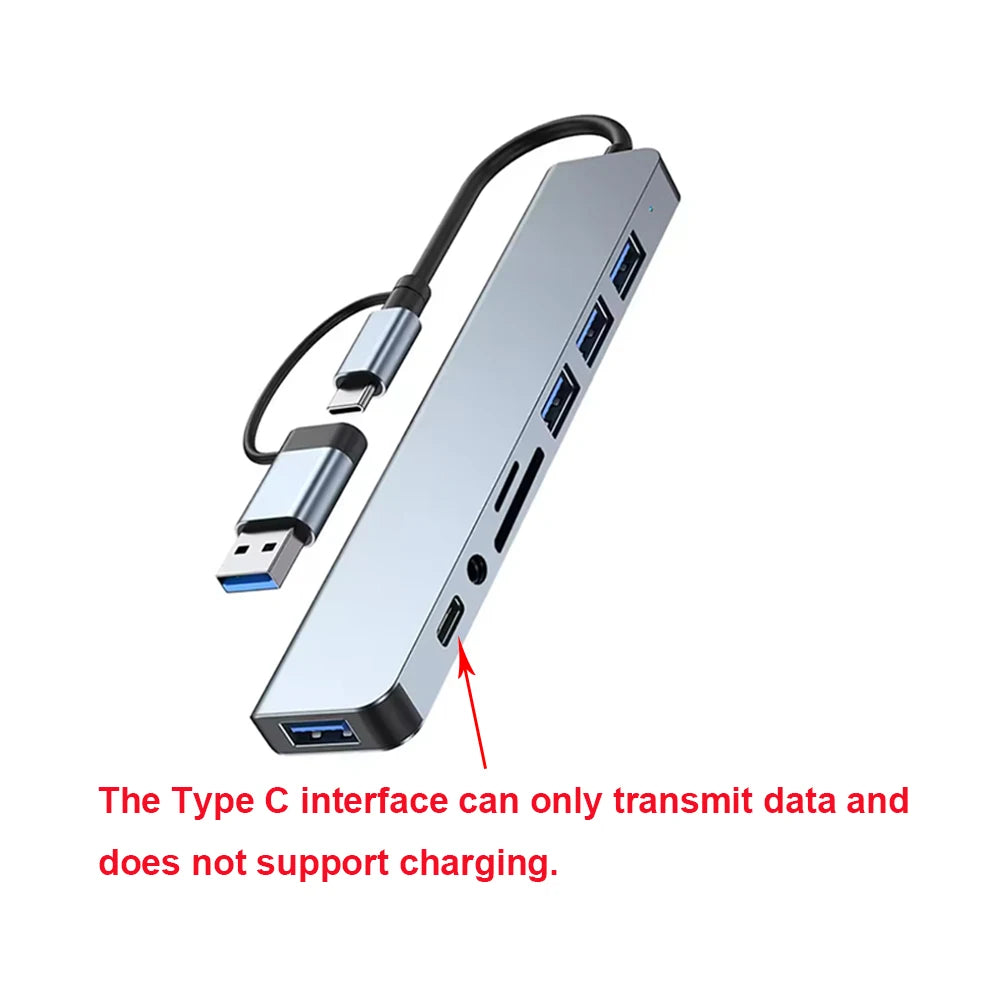 8-in-2 USB & Type-C Hub with Audio Jack & Card Reader