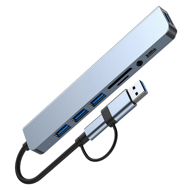 8-in-2 USB & Type-C Hub with Audio Jack & Card Reader