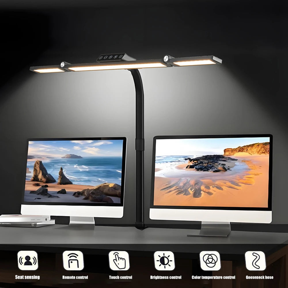 24W Ultra Bright LED Desk Lamp with Clamp 3 Head Automatic Dimming Atmosphere Lighting LED Table Lamps for Office Computer Dest
