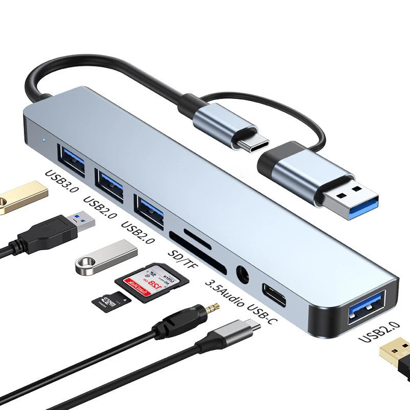 8-in-2 USB & Type-C Hub with Audio Jack & Card Reader