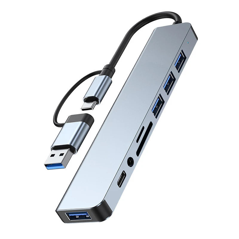 8-in-2 USB & Type-C Hub with Audio Jack & Card Reader