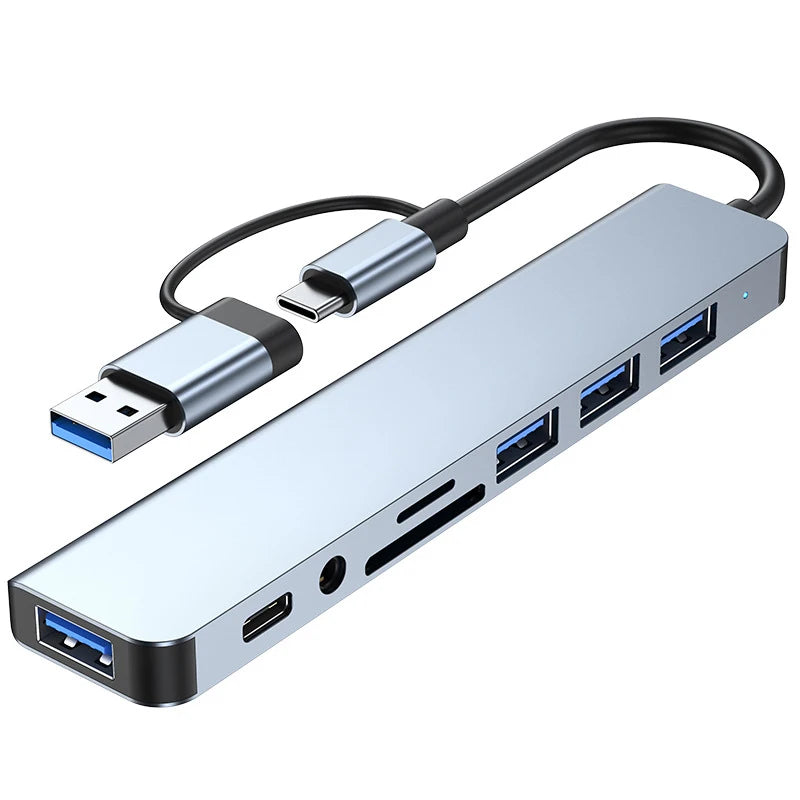 8-in-2 USB & Type-C Hub with Audio Jack & Card Reader