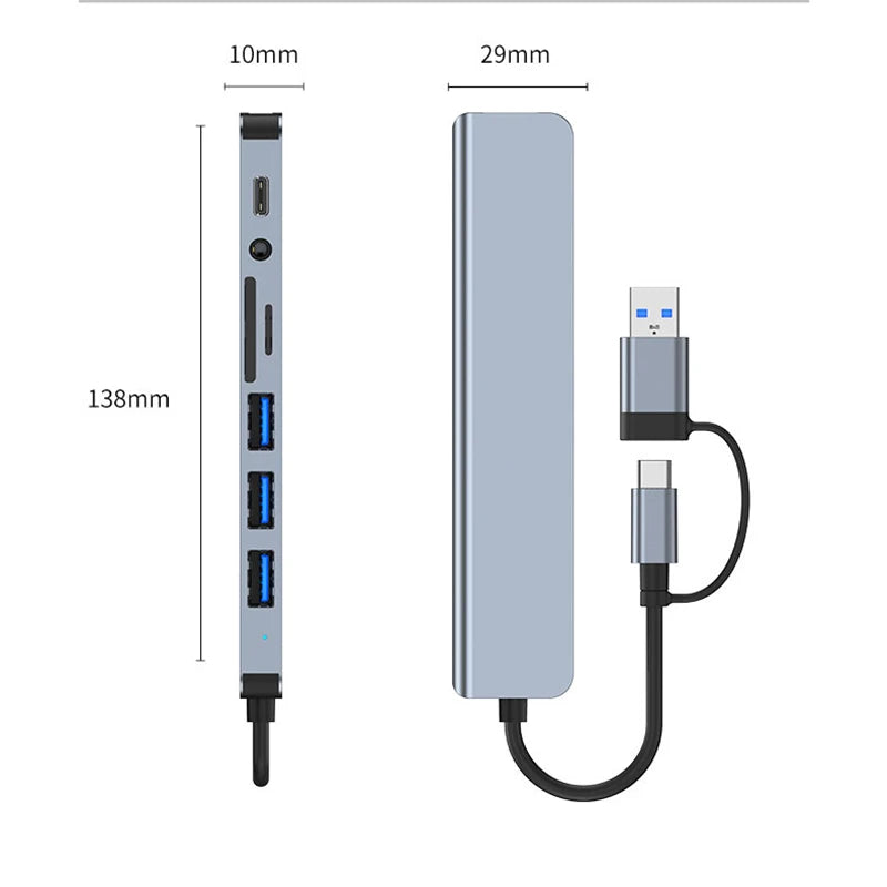 8-in-2 USB & Type-C Hub with Audio Jack & Card Reader