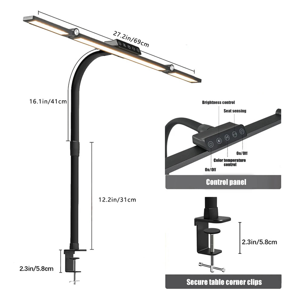 24W Ultra Bright LED Desk Lamp with Clamp 3 Head Automatic Dimming Atmosphere Lighting LED Table Lamps for Office Computer Dest