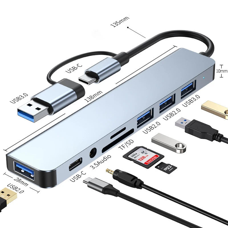 8-in-2 USB & Type-C Hub with Audio Jack & Card Reader