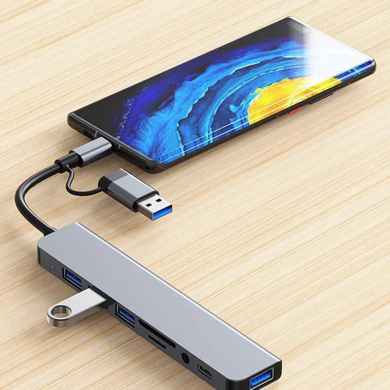8-in-2 USB & Type-C Hub with Audio Jack & Card Reader