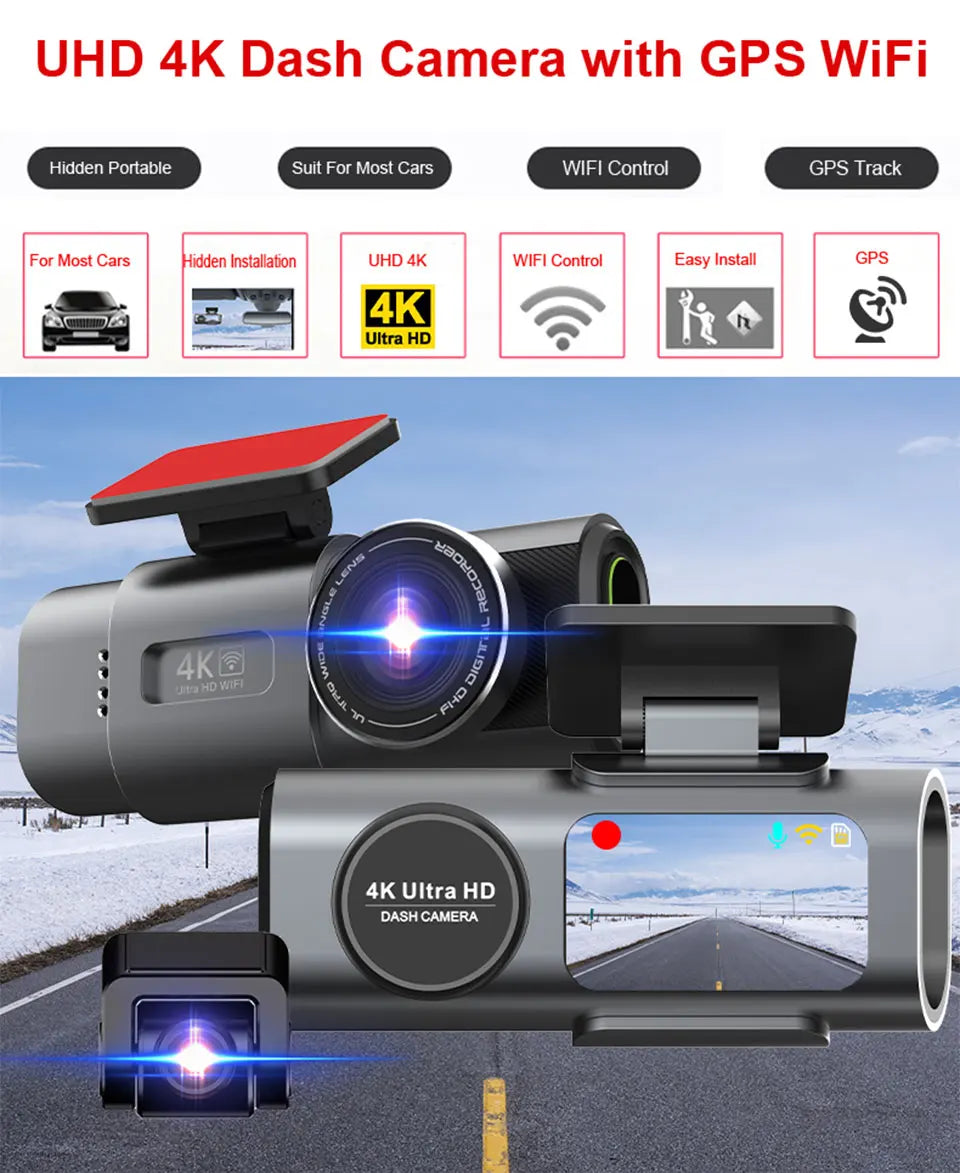 4K UHD Car Camera, DVR Recorder with Night Vision, Built-In Wi-Fi, GPS Support, 24H Parking