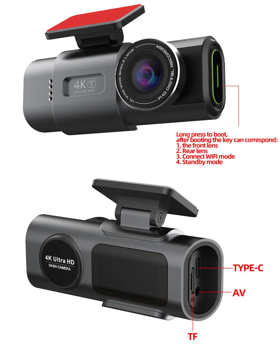 4K UHD Car Camera, DVR Recorder with Night Vision, Built-In Wi-Fi, GPS Support, 24H Parking