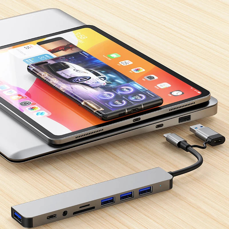 8-in-2 USB & Type-C Hub with Audio Jack & Card Reader