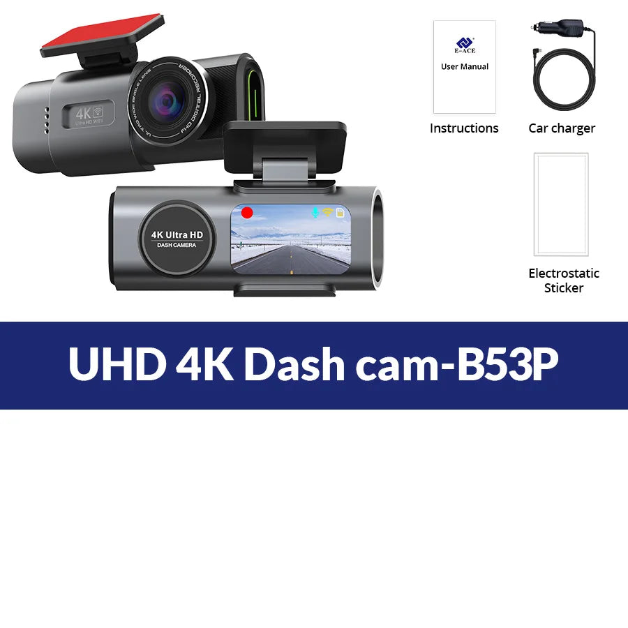 4K UHD Car Camera, DVR Recorder with Night Vision, Built-In Wi-Fi, GPS Support, 24H Parking