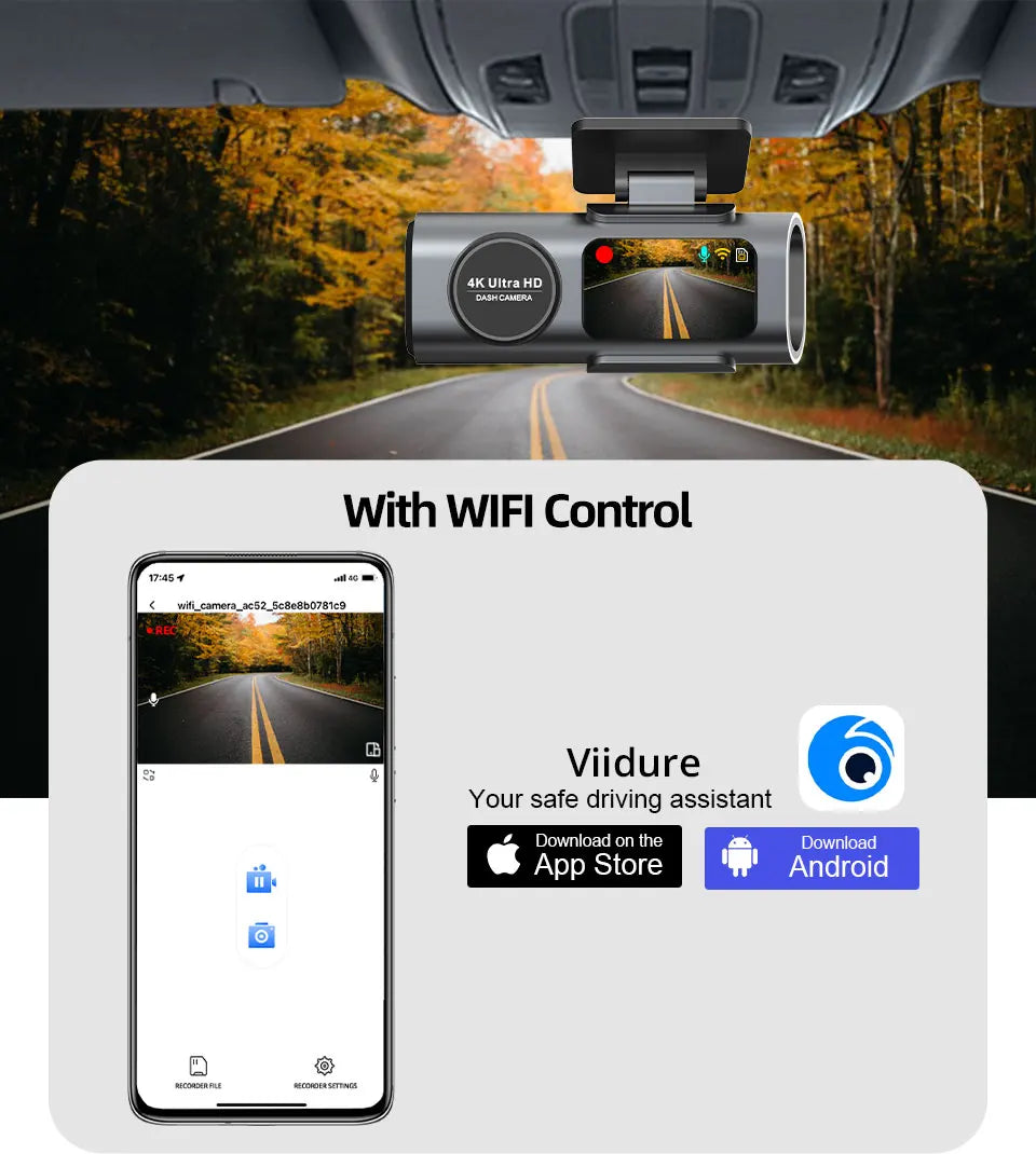 4K UHD Car Camera, DVR Recorder with Night Vision, Built-In Wi-Fi, GPS Support, 24H Parking
