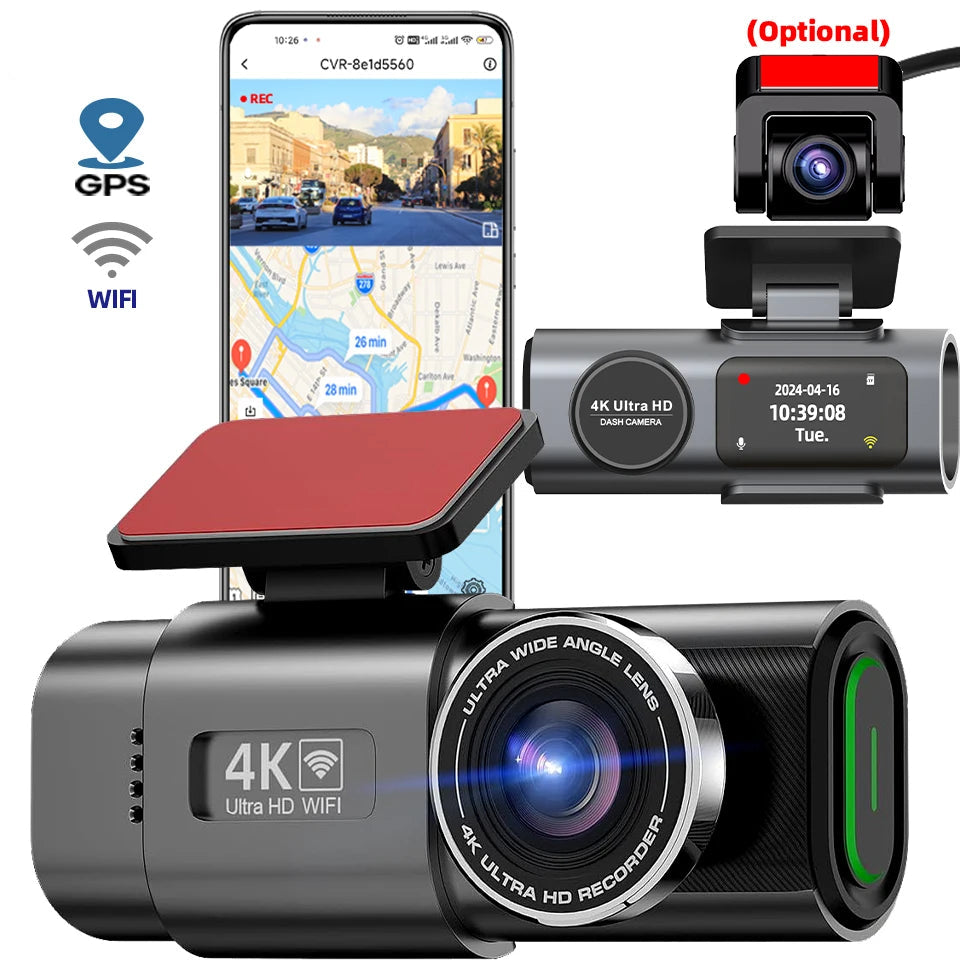 4K UHD Car Camera, DVR Recorder with Night Vision, Built-In Wi-Fi, GPS Support, 24H Parking